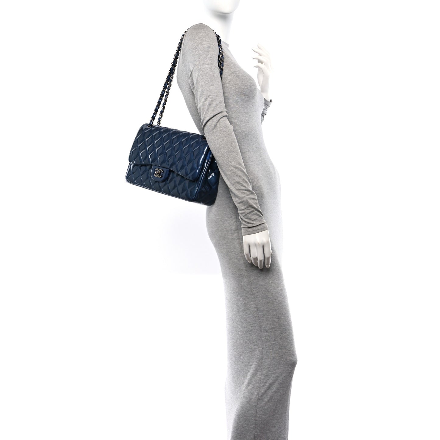 Patent Calfskin Quilted Jumbo Double Flap Blue