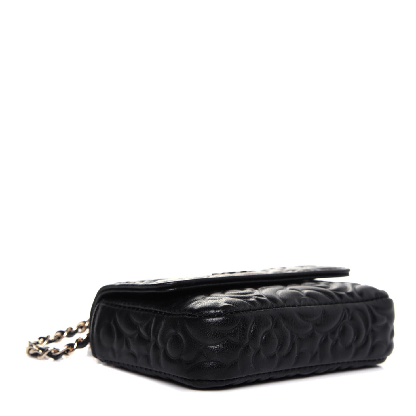Lambskin Camellia Embossed Chain Belt Bag Black