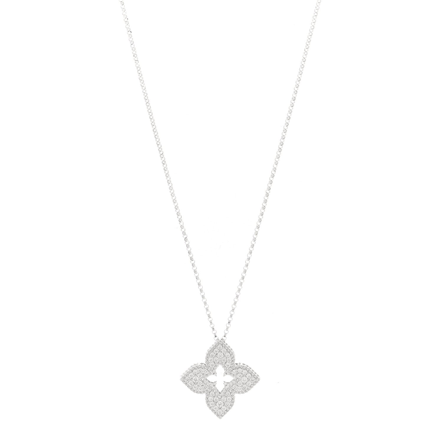 Roberto Coin 18K White Gold Diamond Medium Venetian Princess Flower Pave Pendant Necklace 1 of 5