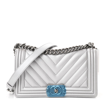 Chanel Metallic Caviar Chevron Quilted Medium Boy Flap Silver 1 of 11