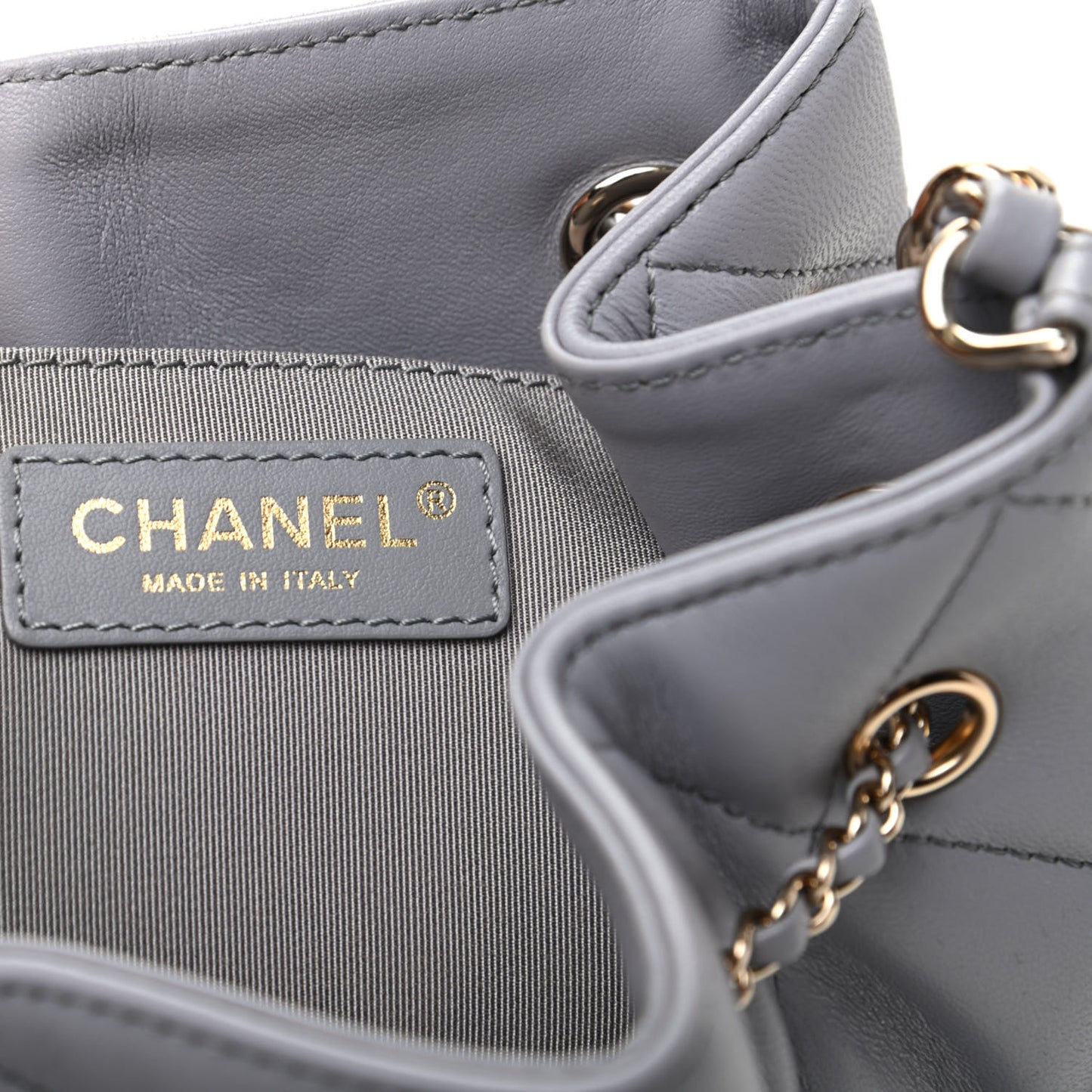 Lambskin Quilted CC Dweller Drawstring Bucket Bag Light Grey
