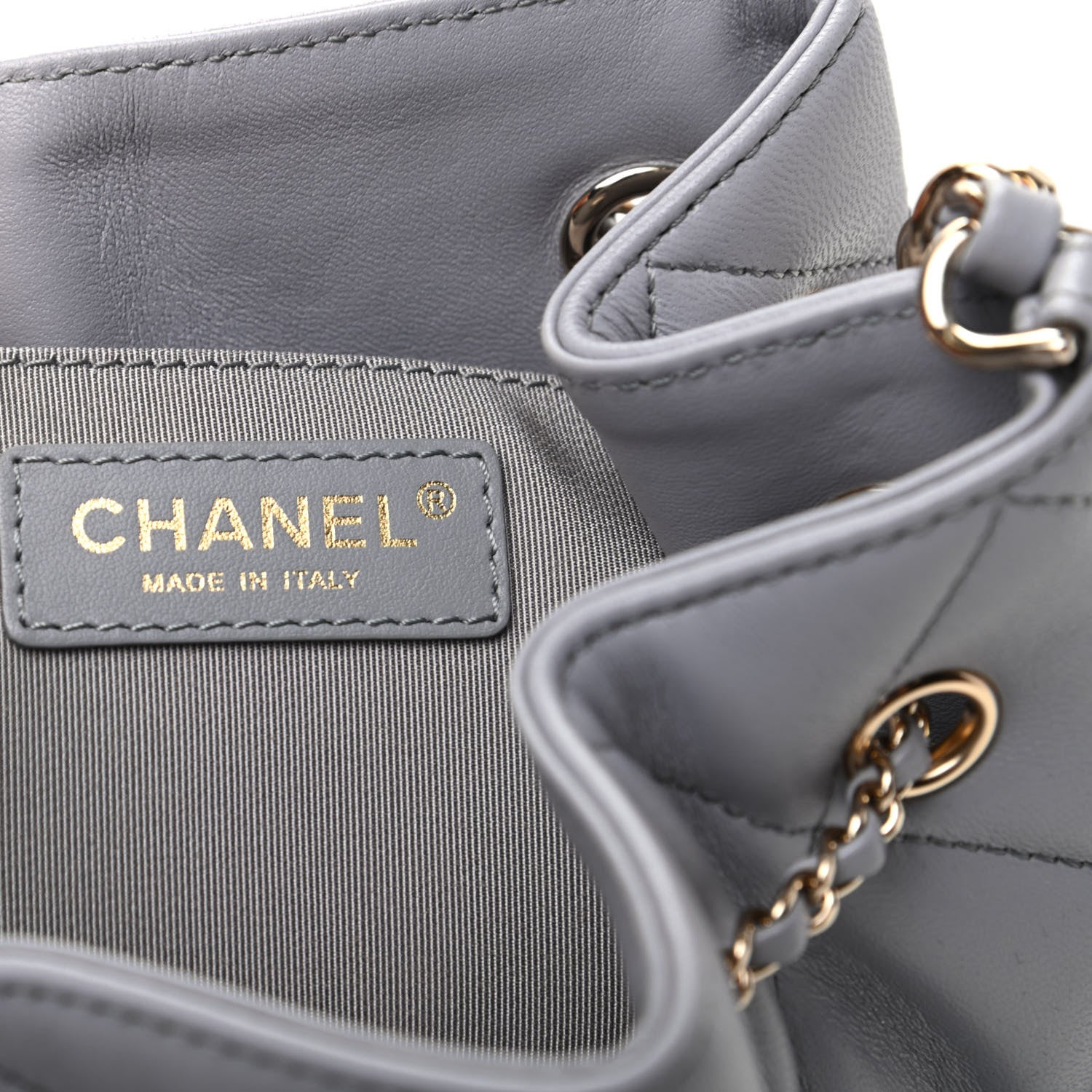 Chanel Lambskin Quilted CC Dweller Drawstring Bucket Bag Light Grey 6 of 10
