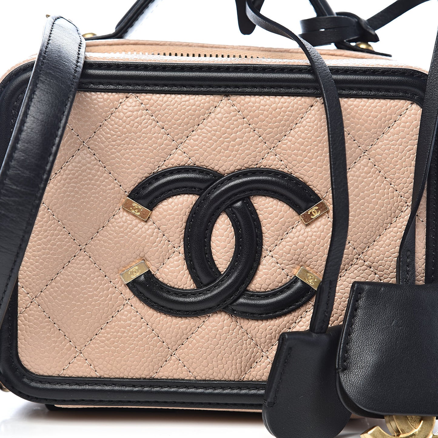 Caviar Quilted Small CC Filigree Vanity Case Beige Black