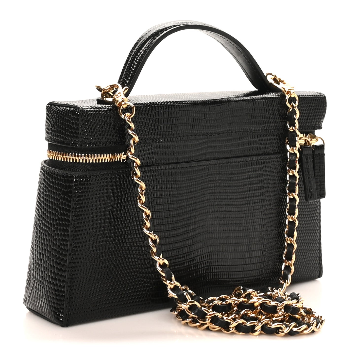 Lizard Embossed Calfskin Top Handle Slim Vanity With Chain Black