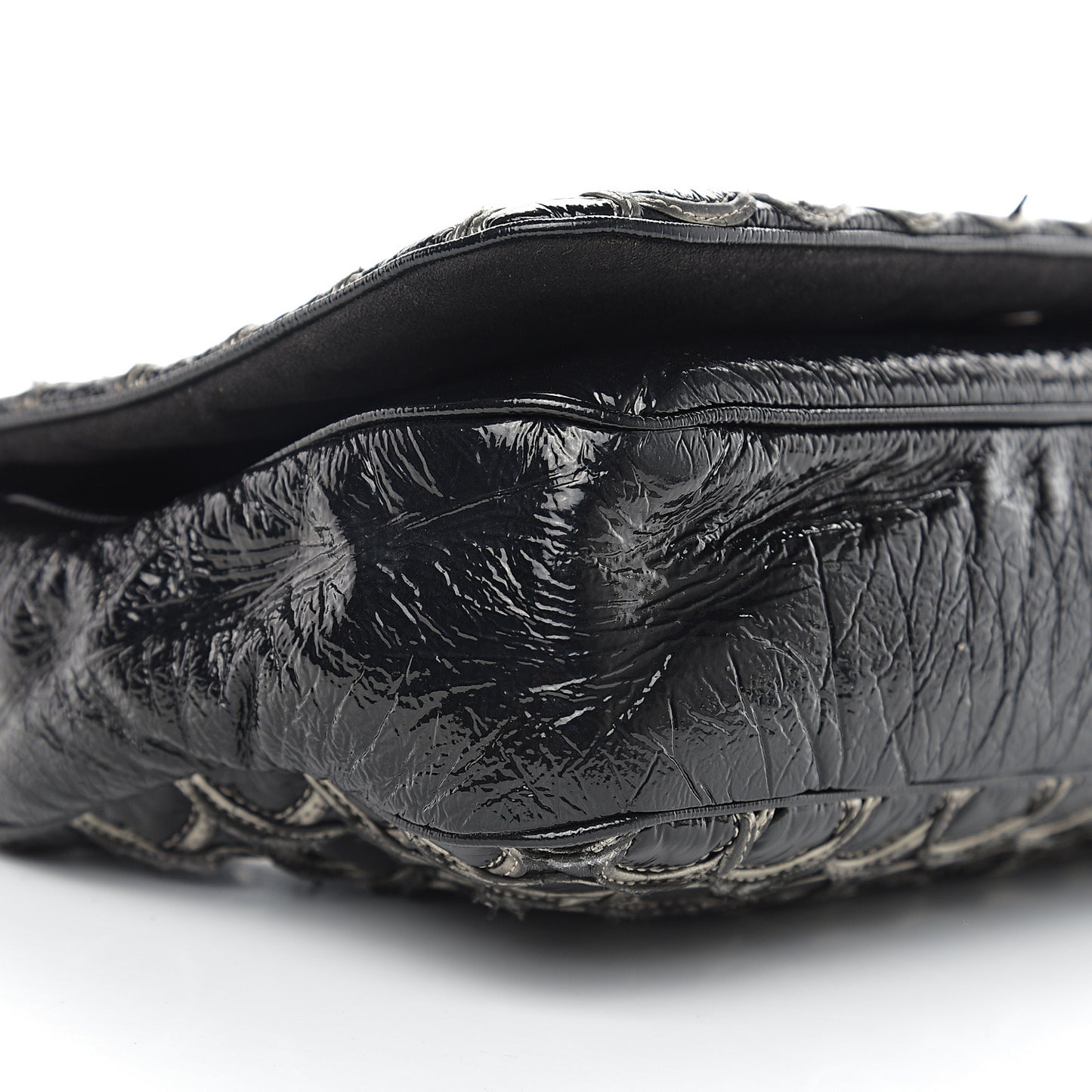 Distressed Patent Quilted Flap Bag Black