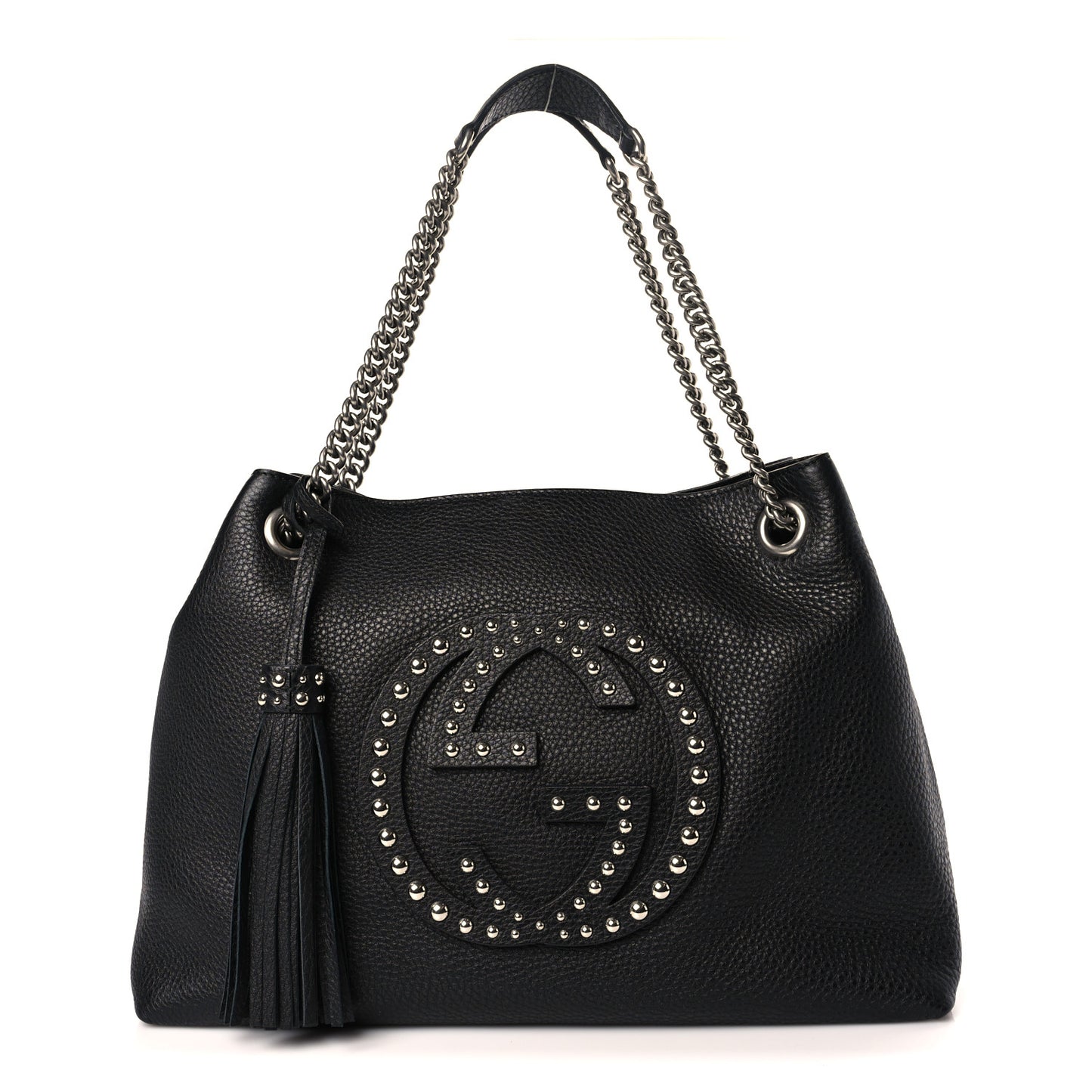 Pebbled Calfskin Studded Medium Soho Chain Shoulder Bag Black