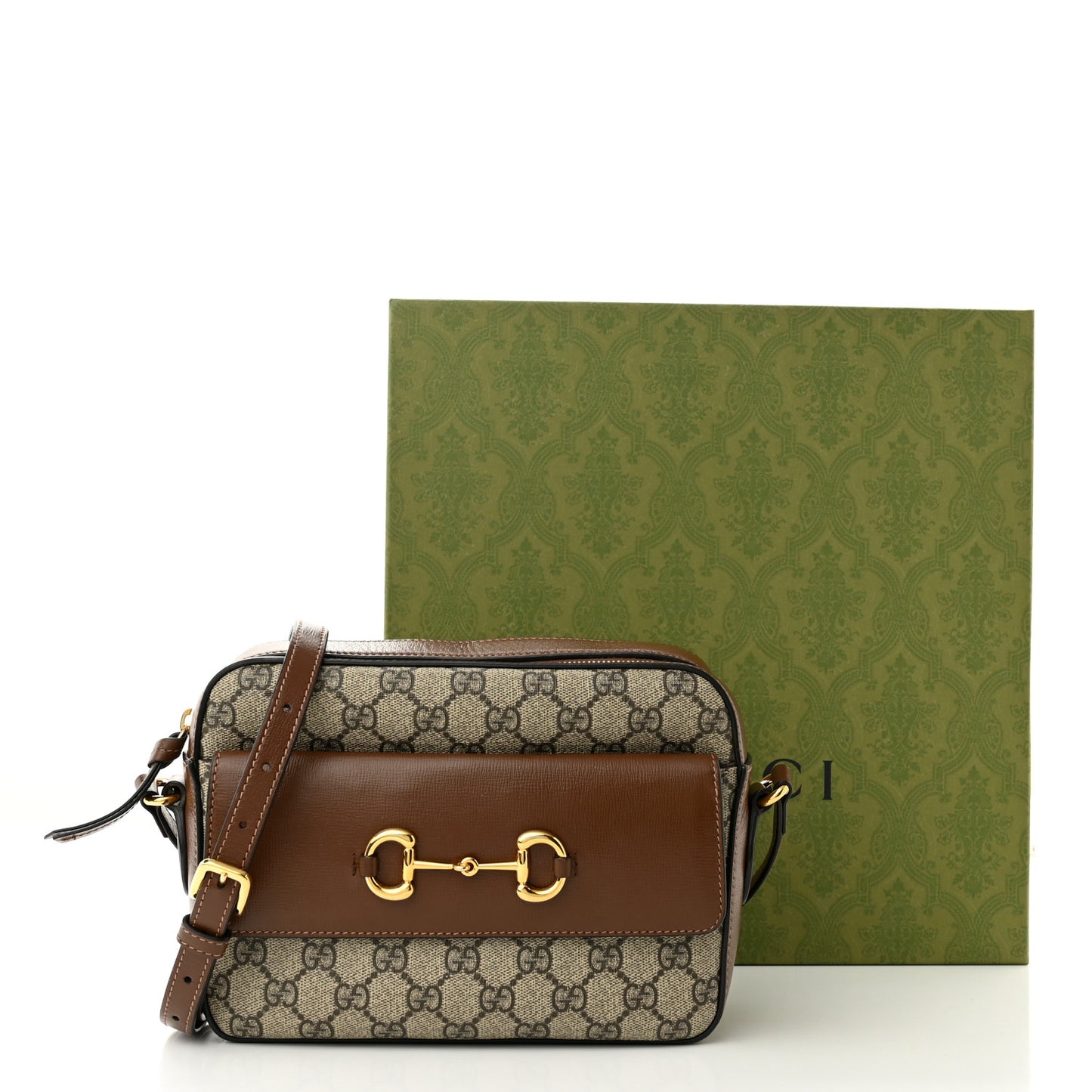 GG Supreme Monogram Small Horsebit 1955 Shoulder Bag Beige Brown Sugar