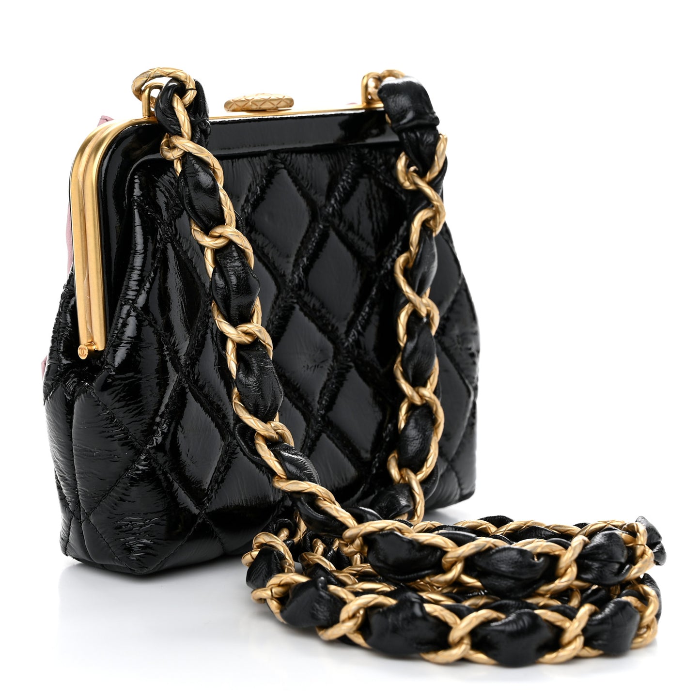Patent Crumpled Lambskin Shiny Lambskin Quilted Maxi Bow Clutch With Chain Black Pink