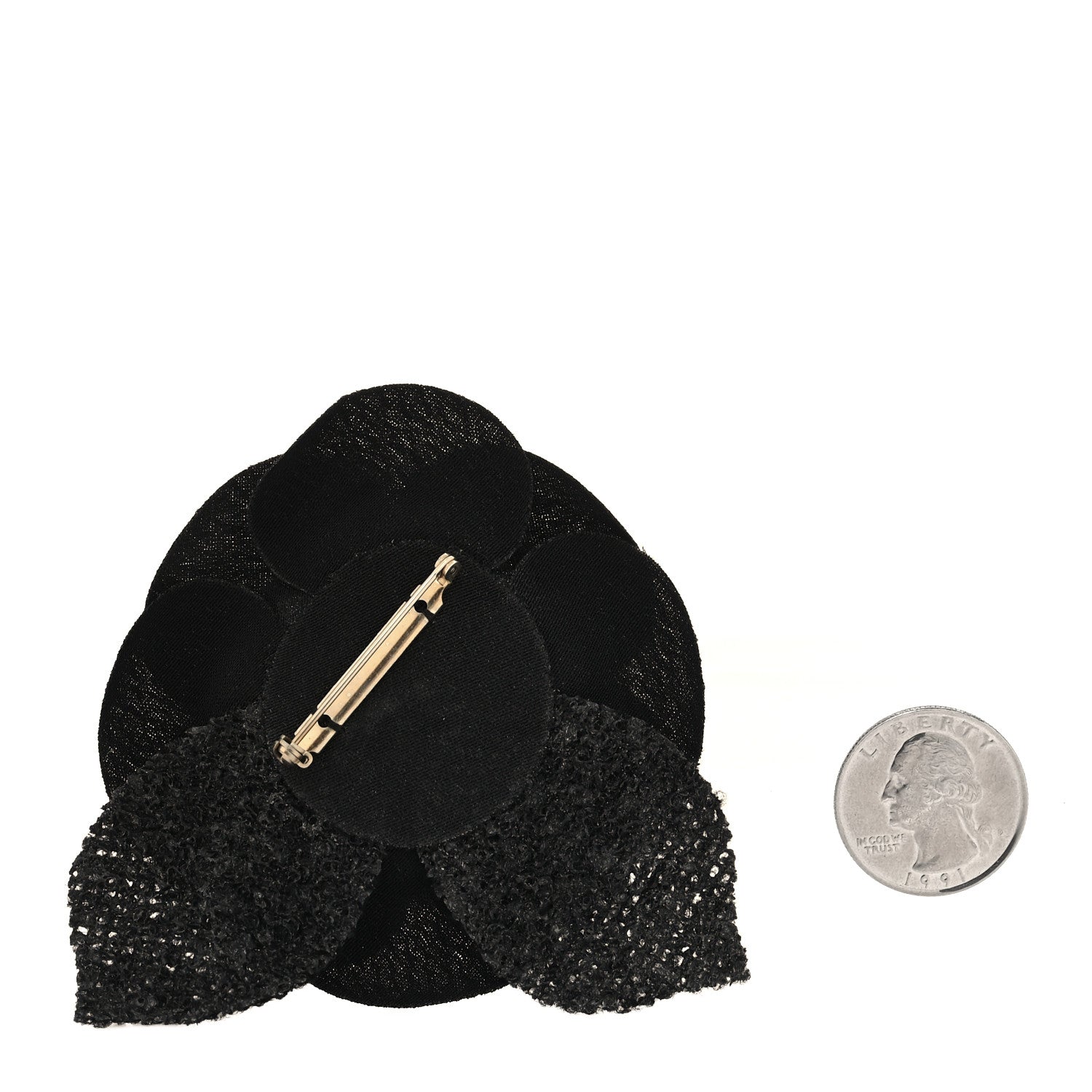 Chanel Tweed Fabric Camellia Pin Brooch Black 2 of 3