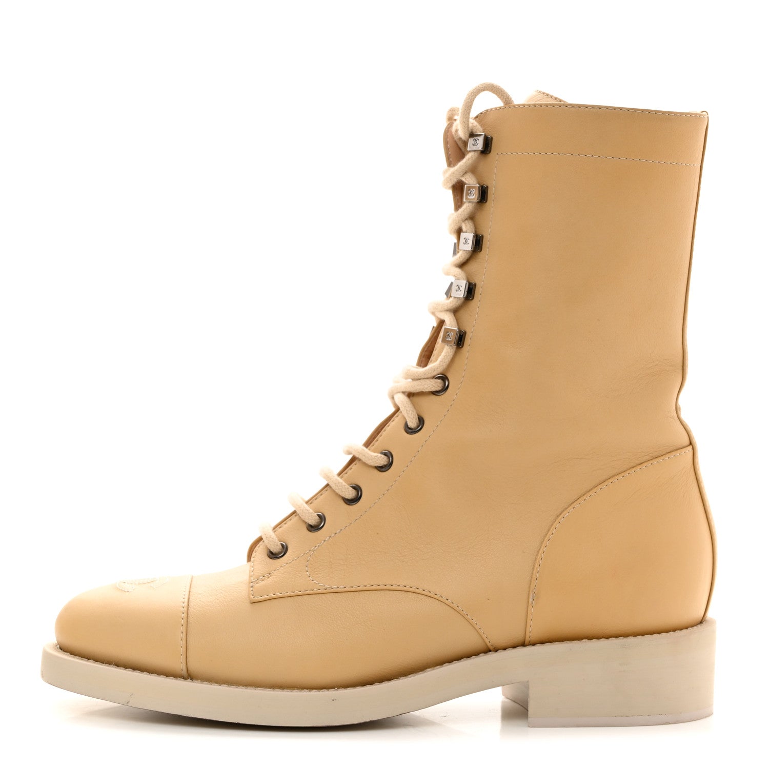 Chanel Calfskin Lace Up Combat Boots 40.5 Beige 1 of 8