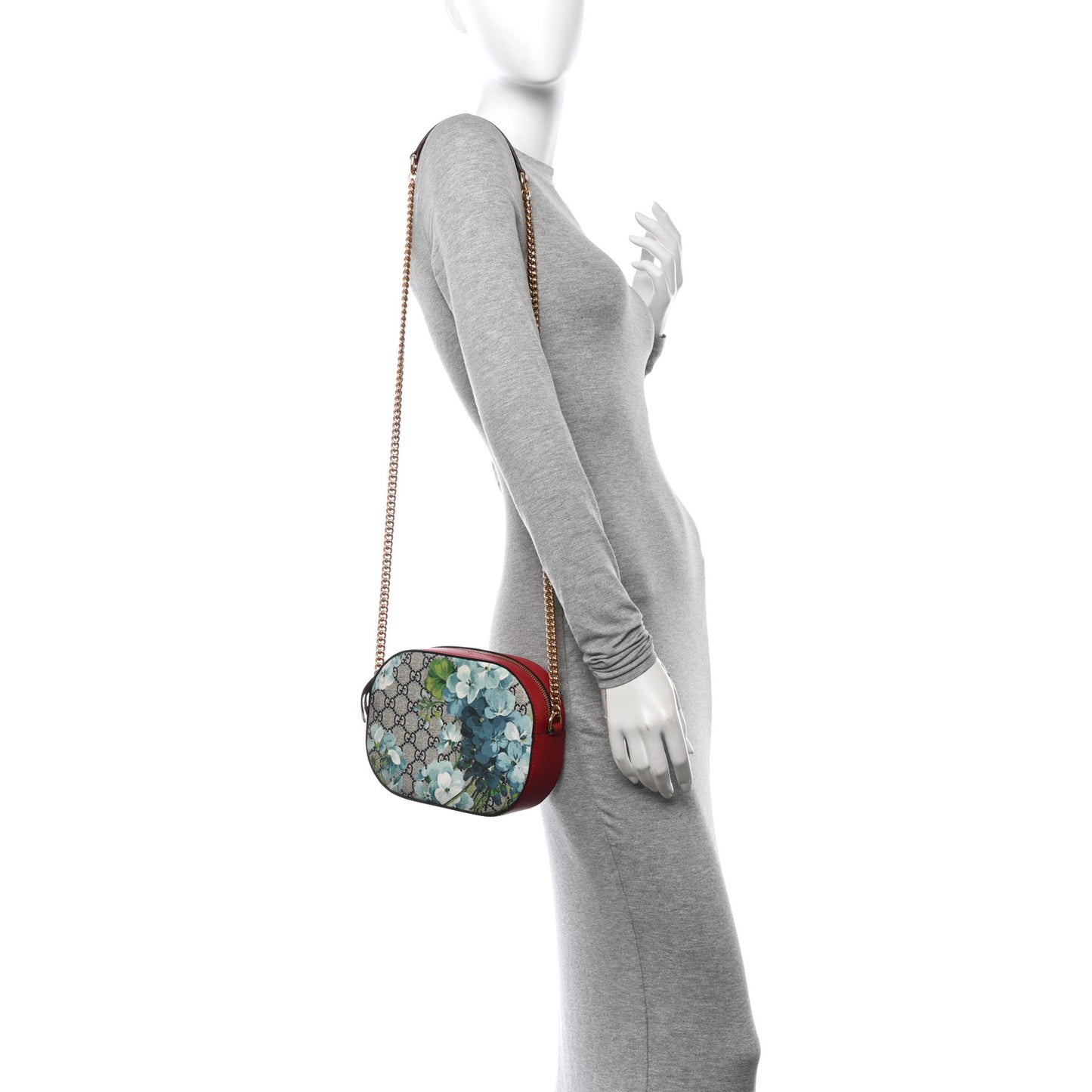 GG Supreme Monogram Blooms Mini Chain Shoulder Bag Beige Blue Navy Hibiscus Red