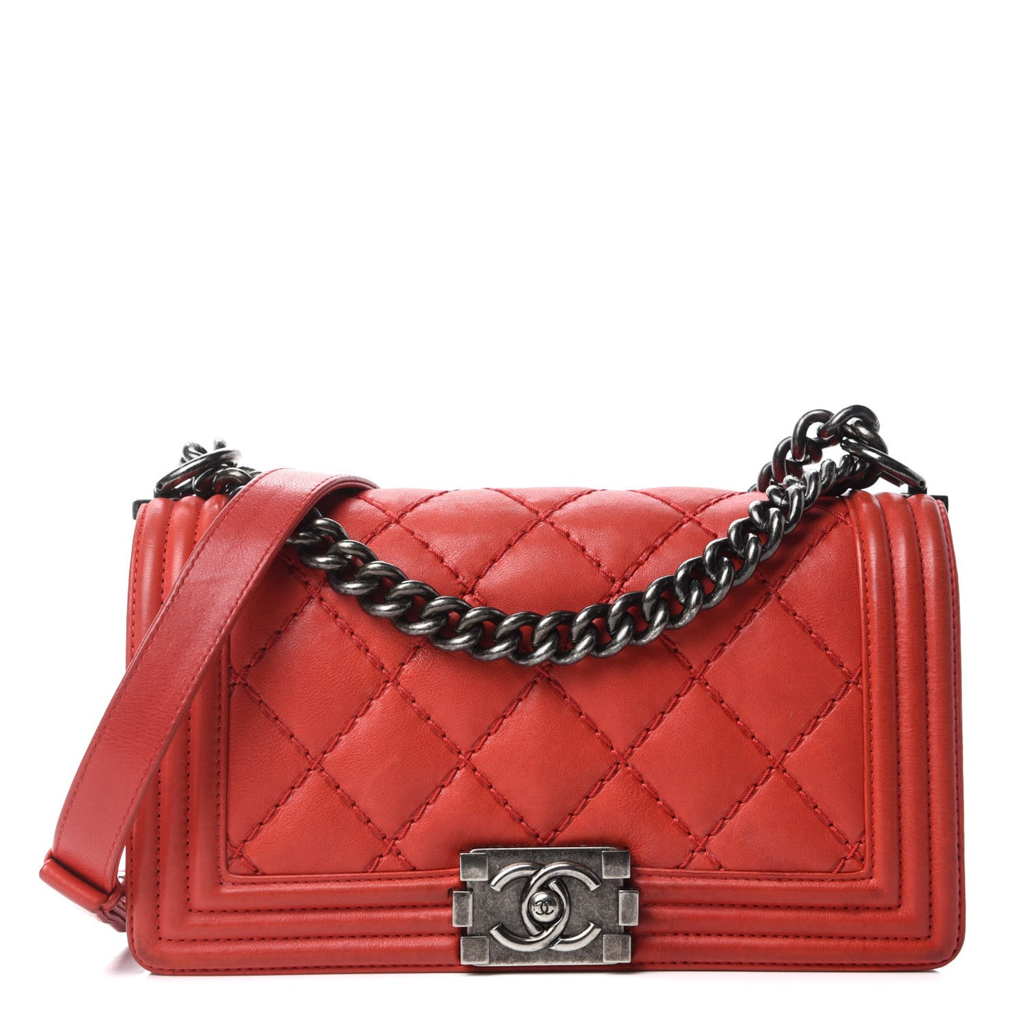 Calfskin Quilted Double Stitch Medium Boy Flap Red