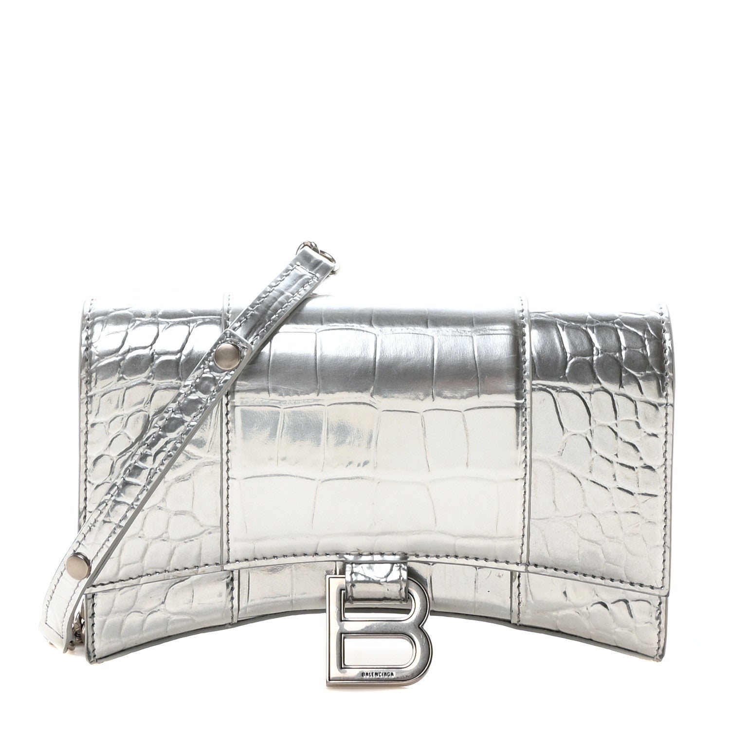 Balenciaga Metallic Calfskin Crocodile Embossed Hourglass Chain Bag  Silver 1 of 10