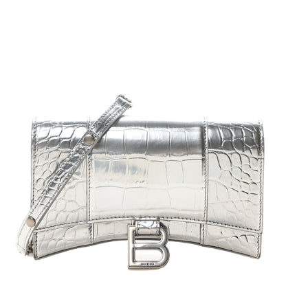 Balenciaga Metallic Calfskin Crocodile Embossed Hourglass Chain Bag  Silver 1 of 10