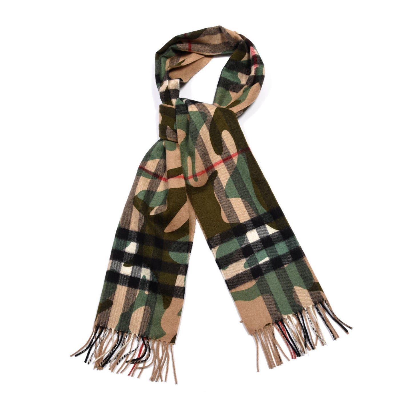 Cashmere Camoflauge Print Giant Check Fringe Scarf Pine Green
