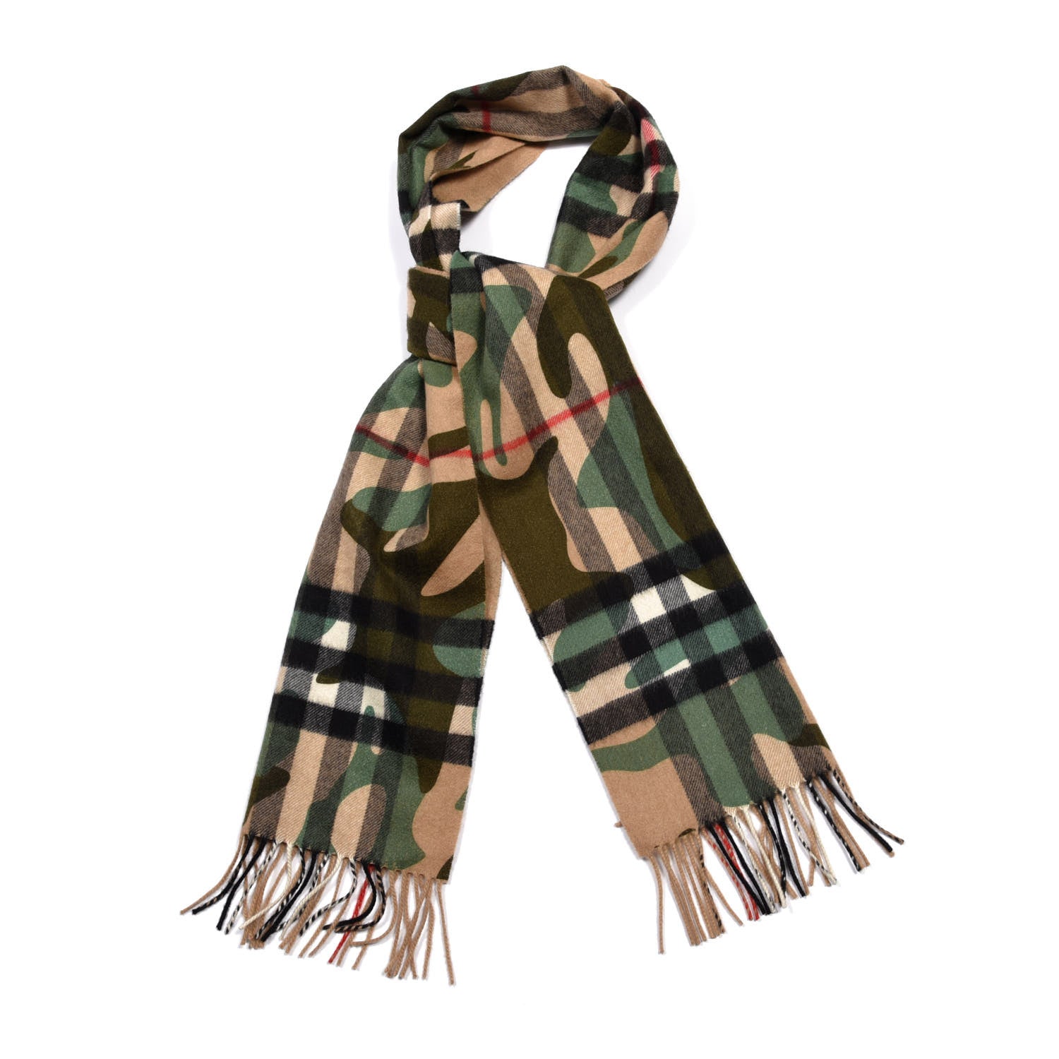 Burberry Cashmere Camoflauge Print Giant Check Fringe Scarf Pine Green 1 of 3