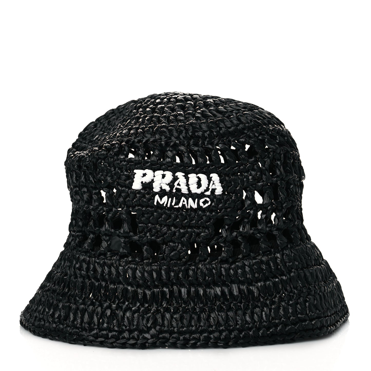 Yarn Raffia Effect Crochet Logo Embroidered Womens Bucket Hat M Black