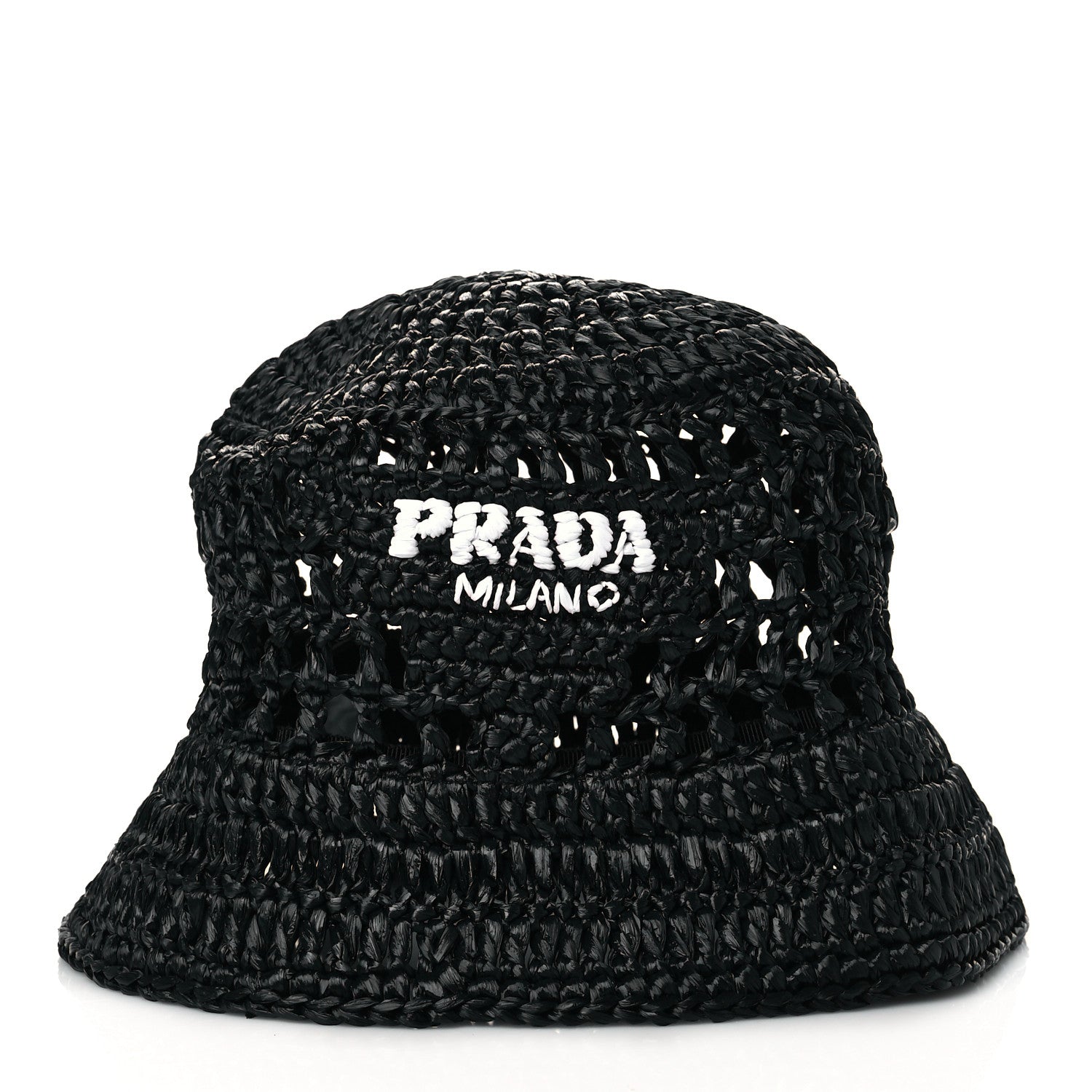 Prada Yarn Raffia Effect Crochet Logo Embroidered Womens Bucket Hat M Black 2 of 8