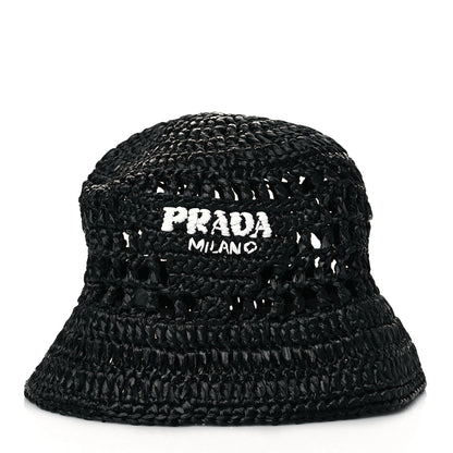 Prada Yarn Raffia Effect Crochet Logo Embroidered Womens Bucket Hat M Black 2 of 8