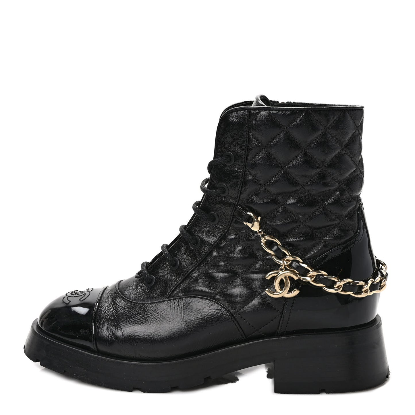 Shiny Calfskin Patent Quilted Chain Lace Up Combat Boots 39 Black