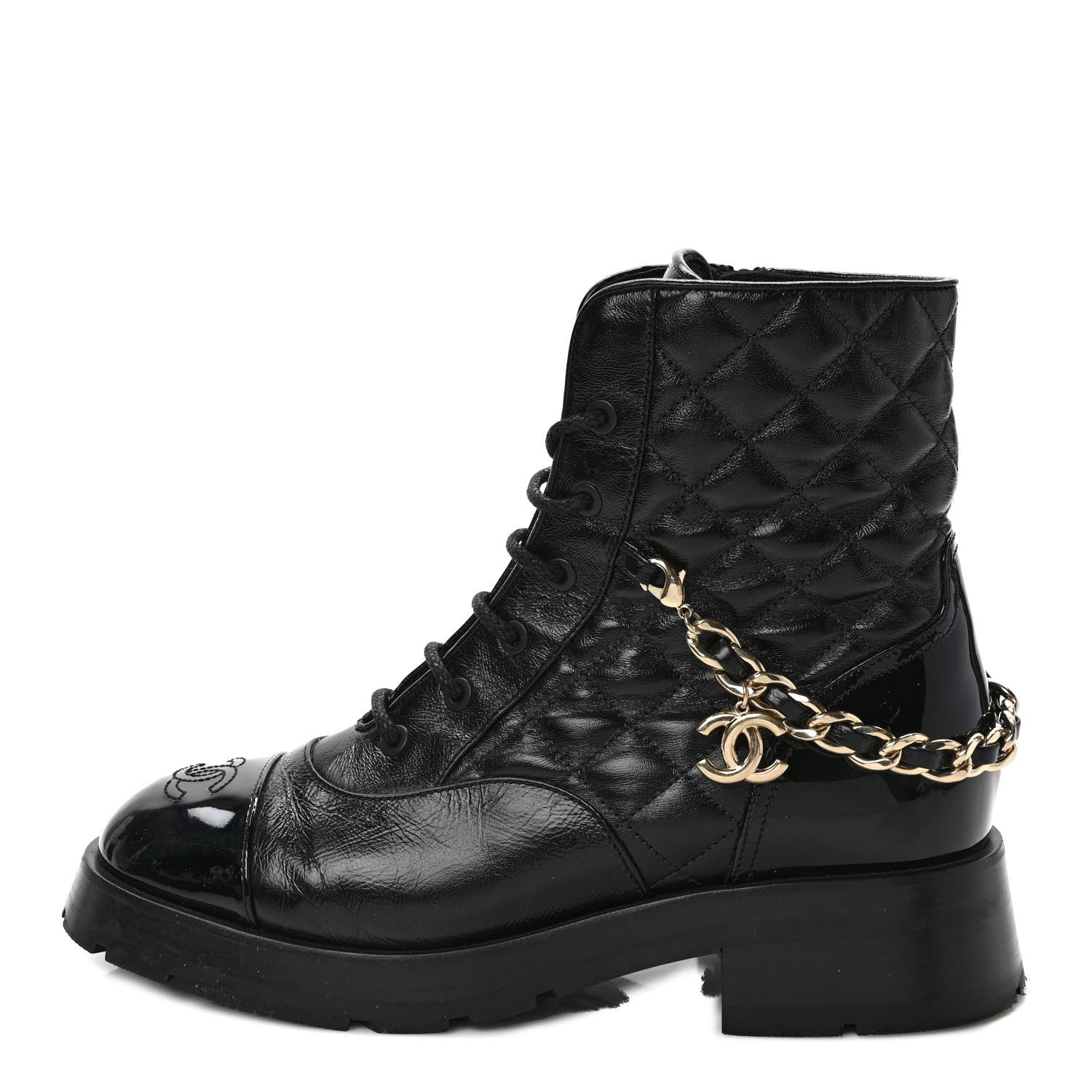 Chanel Shiny Calfskin Patent Quilted Chain Lace Up Combat Boots 39 Black 1 of 7