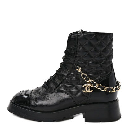 Chanel Shiny Calfskin Patent Quilted Chain Lace Up Combat Boots 39 Black 1 of 7