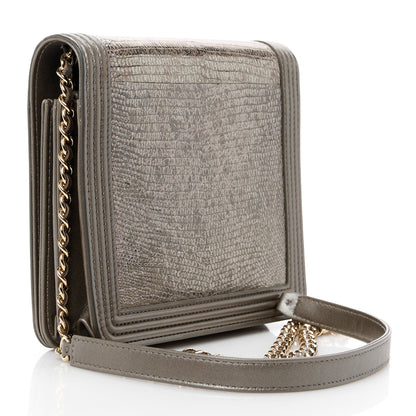 Chanel Metallic Lizard Lambskin Boy Square Wallet On Chain WOC Dark Khaki 3 of 14