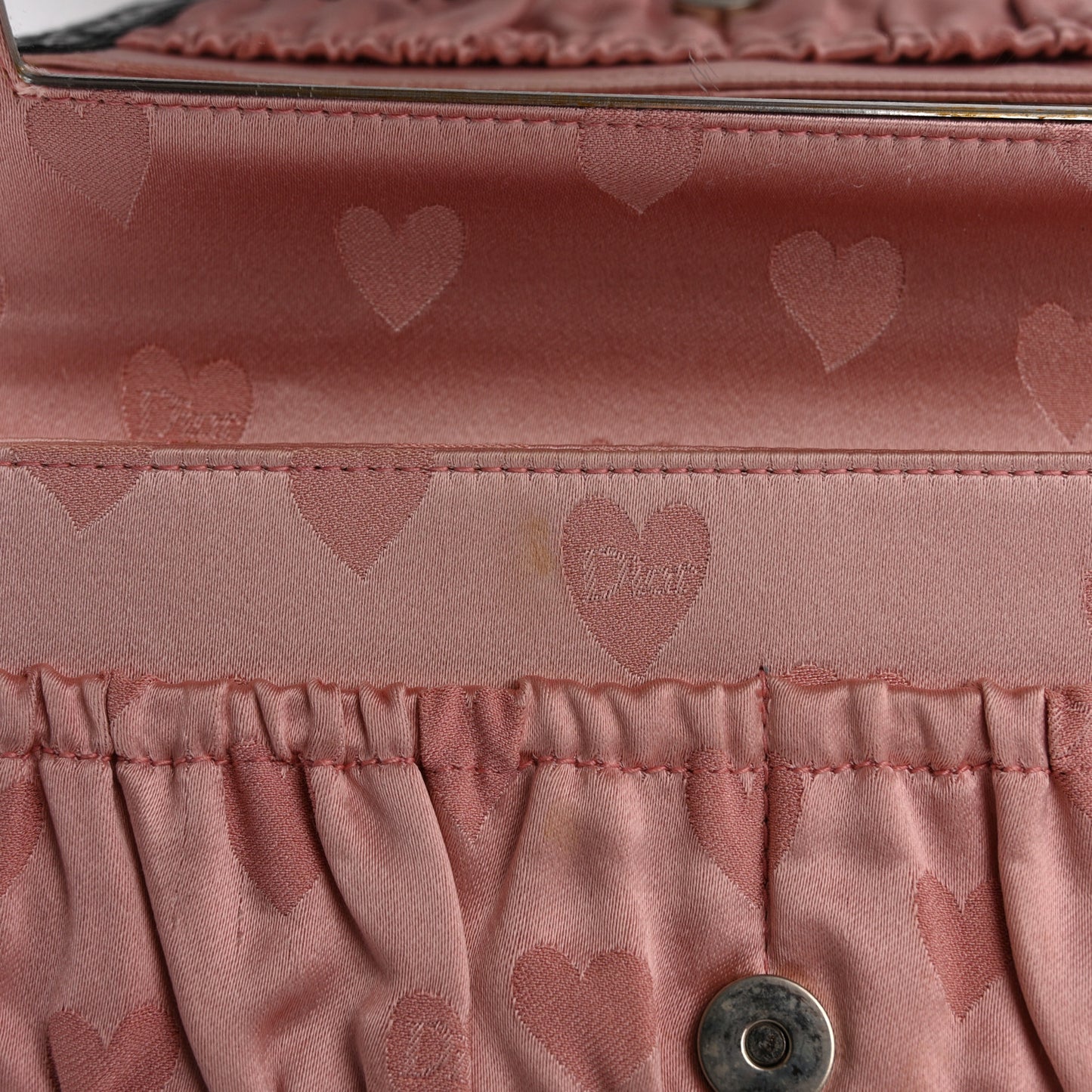 Satin Patent Heart D Trick Clutch Pink Black