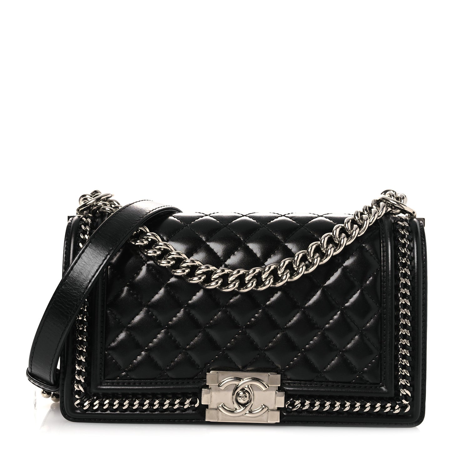 Glazed Calfskin Quilted Medium Chain Around Boy Flap Black
