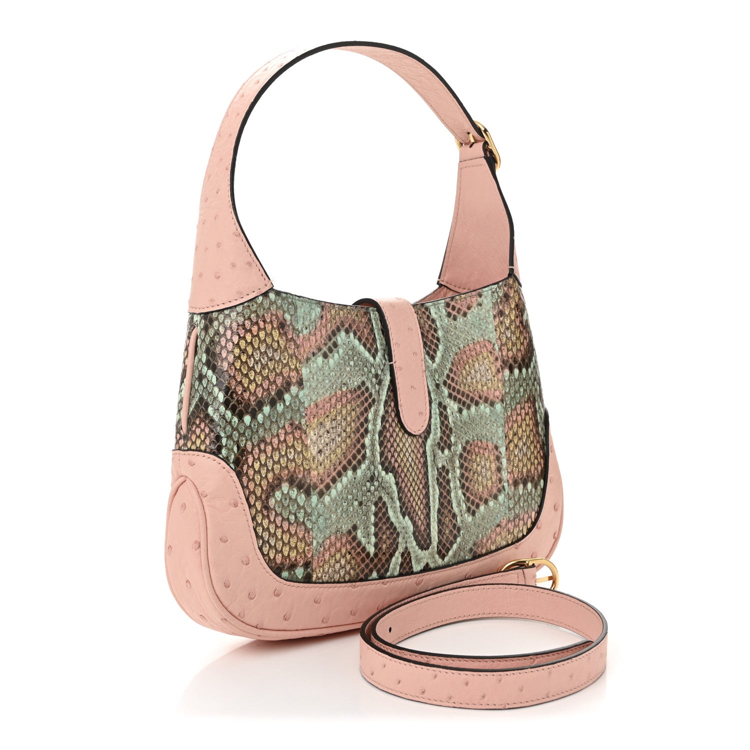 Gucci Snakeskin Ostrich Calfskin Small Jackie 1961 Hobo Pink Multicolor 3 of 11