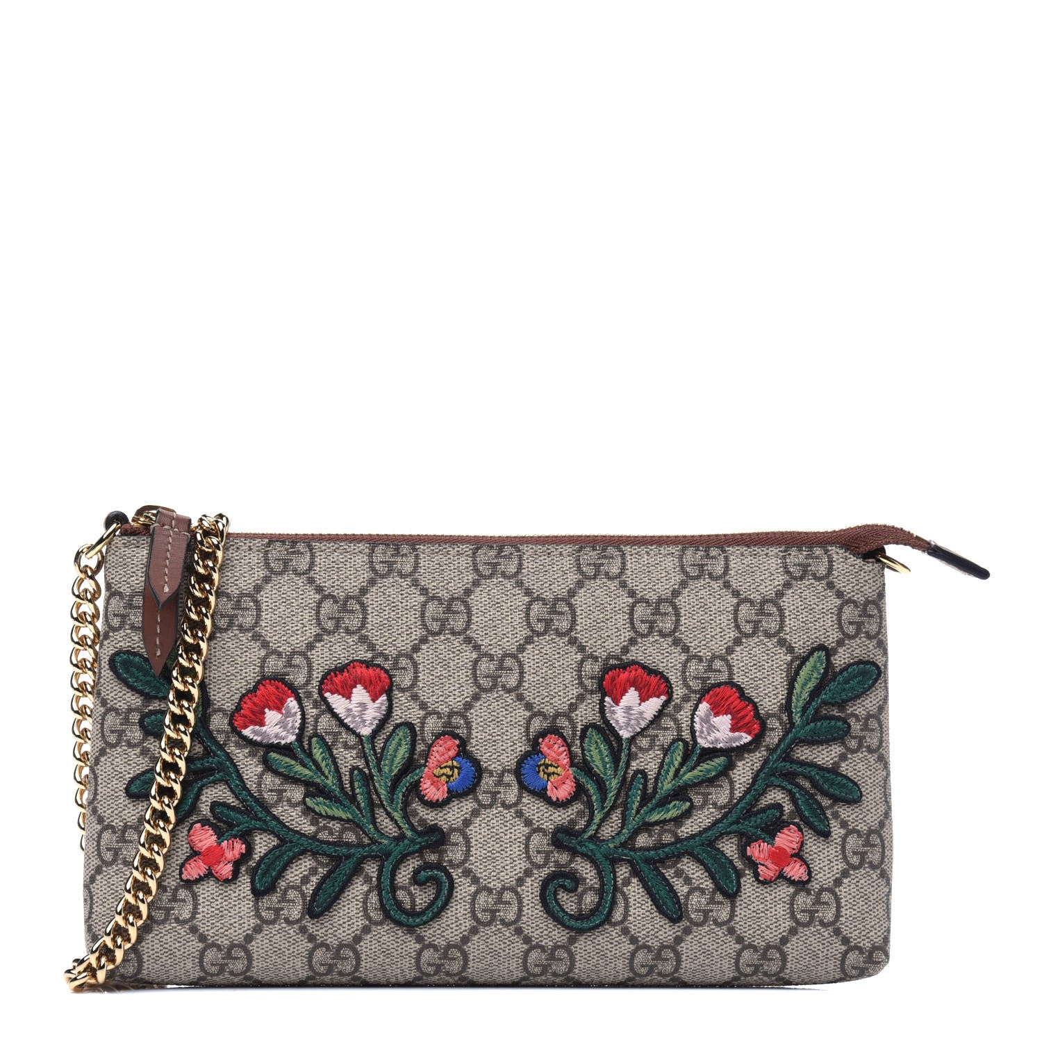 Gucci GG Supreme Monogram Embroidered Flower Chain Wrist Wallet 1 of 3
