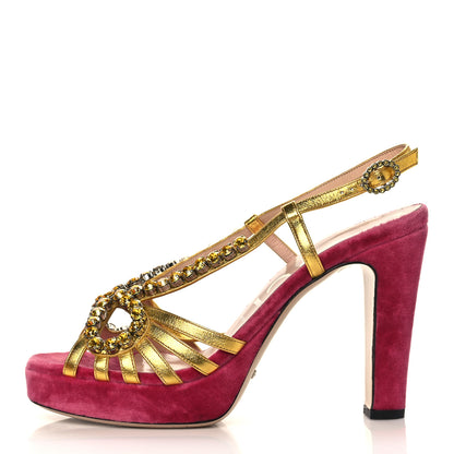 Gucci Velvet Nappa Crystal Zephyra Slingback Platform High Heel Sandals 39 Pink Gold 1 of 11