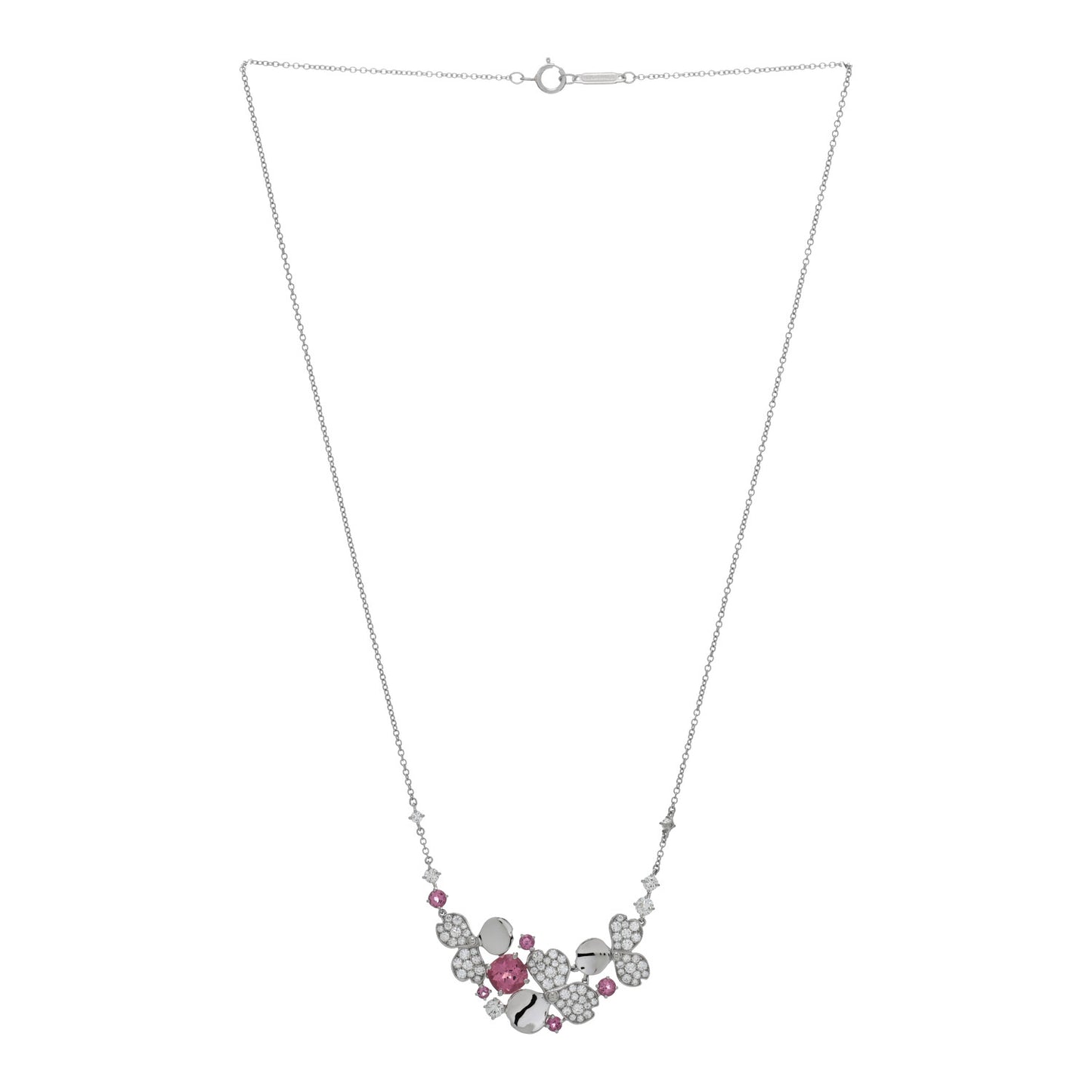 Platinum Diamond Pink Tourmaline Paper Flowers Cluster Pendant Necklace
