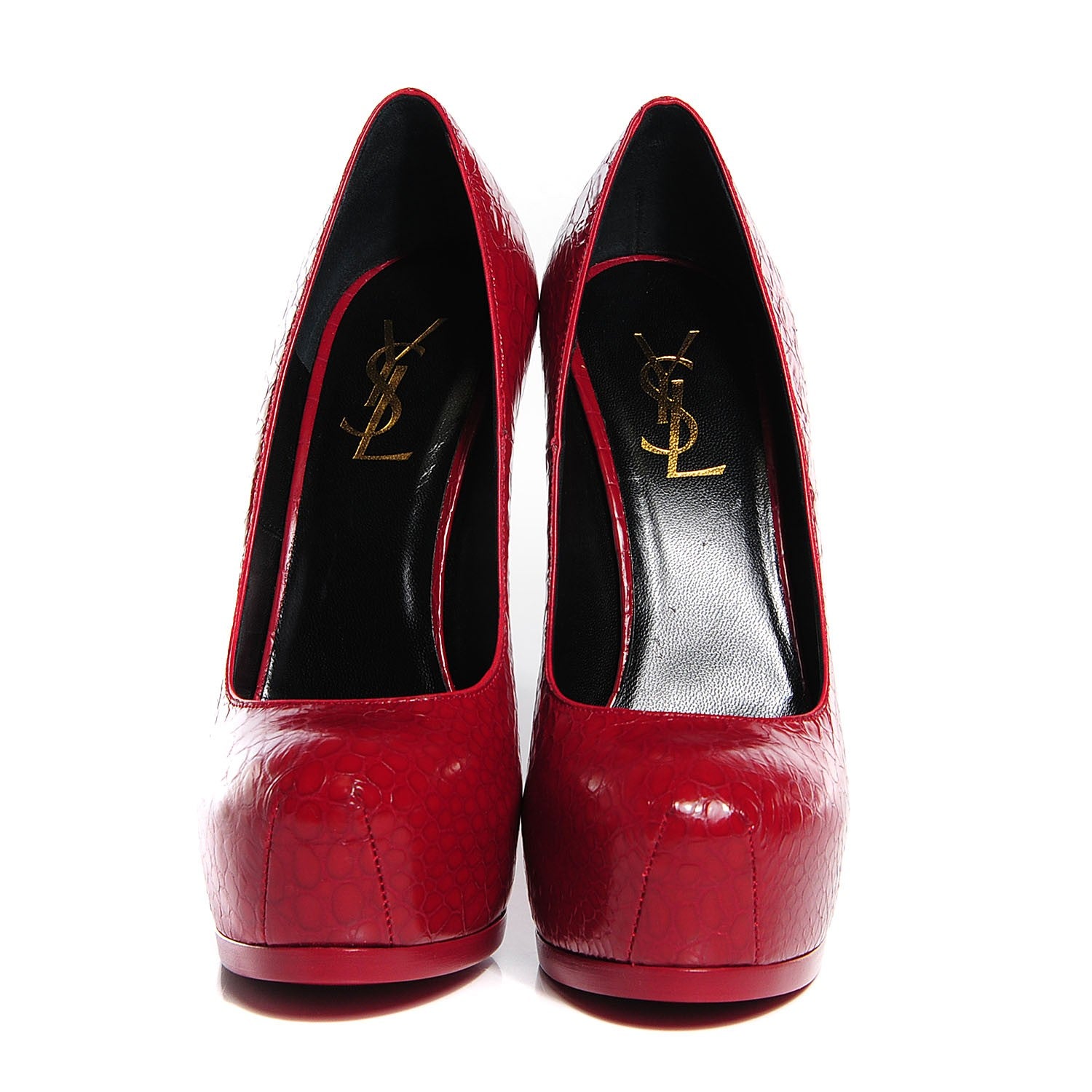 Saint Laurent Calfskin Crocodile Embossed Tribute Two 105 Platform Pumps 36.5 Rouge Orient 2 of 6