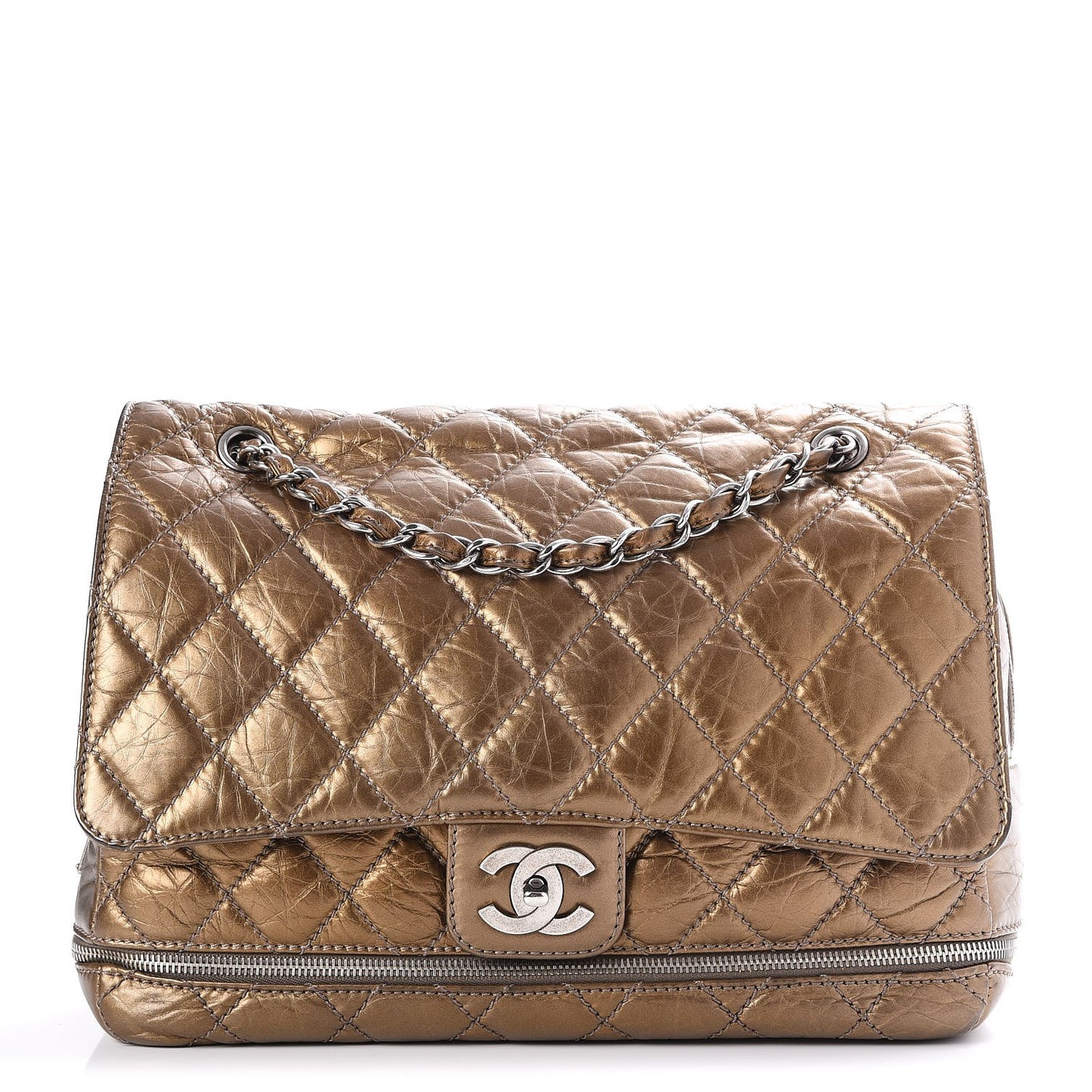 Metallic Aged Calfskin Expandable Flap Bag Dark Gold