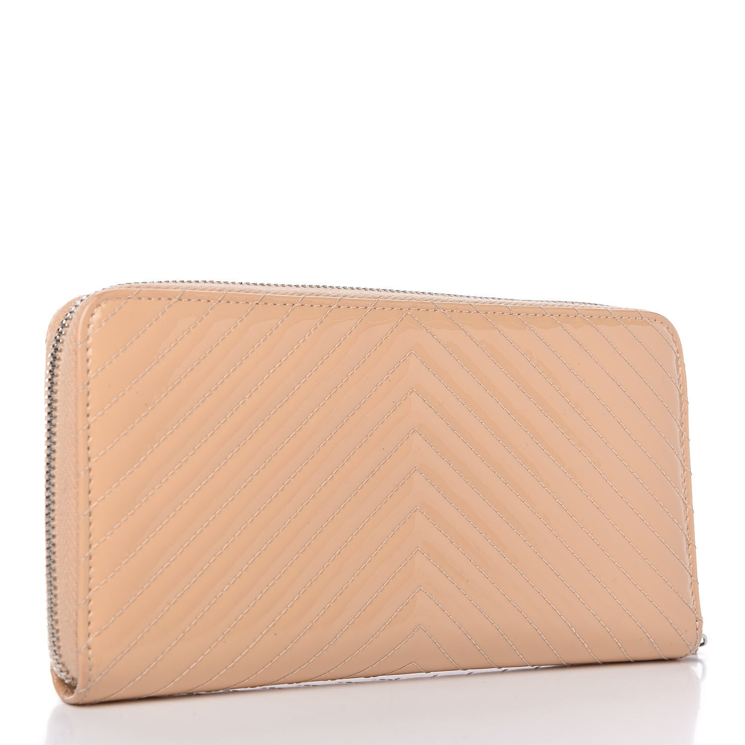 Chanel Patent Chevron Quilted Zip Around Wallet Beige 3 of 12