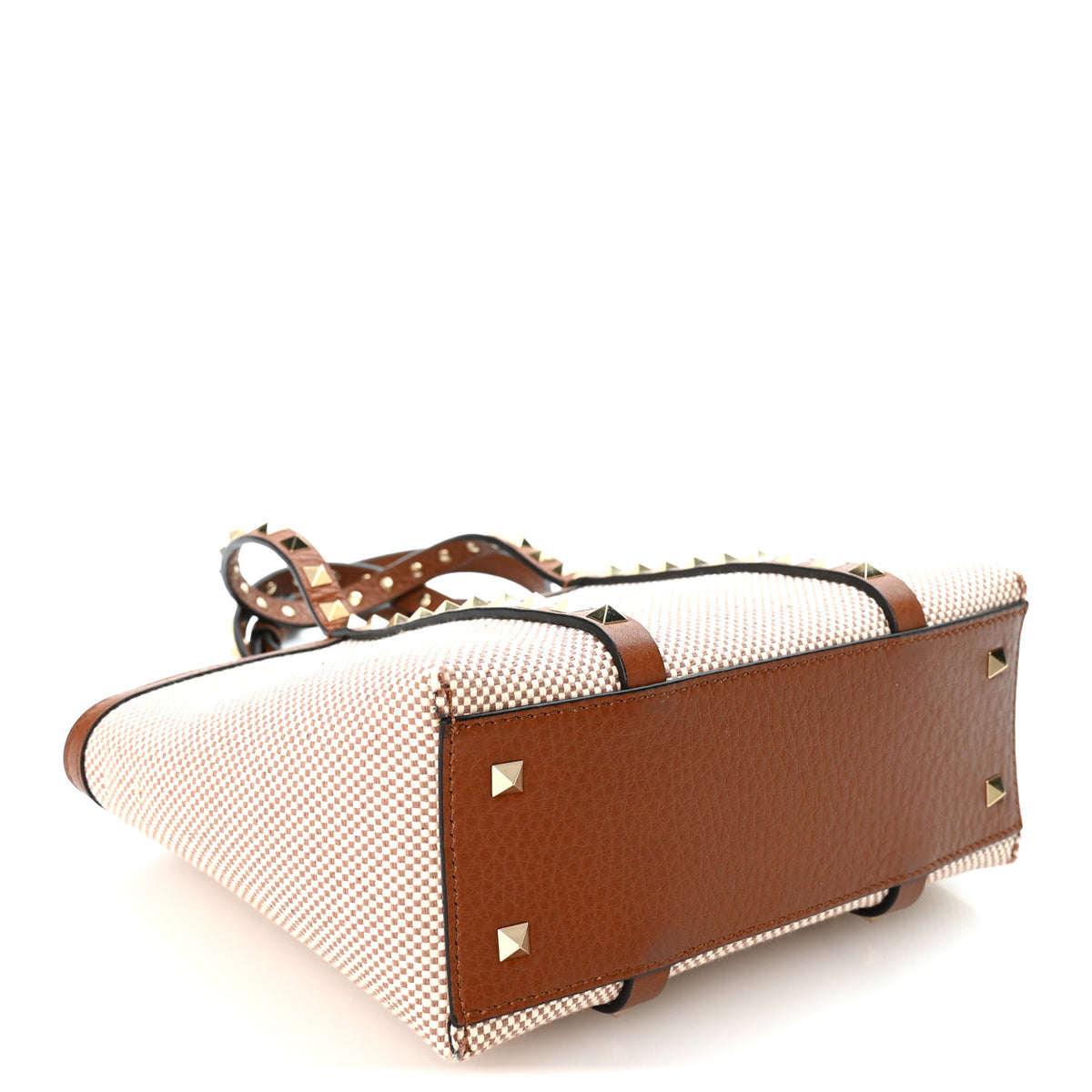 Canvas Grained Calfskin Small Rockstud Shopping Tote Naturale Tobacco