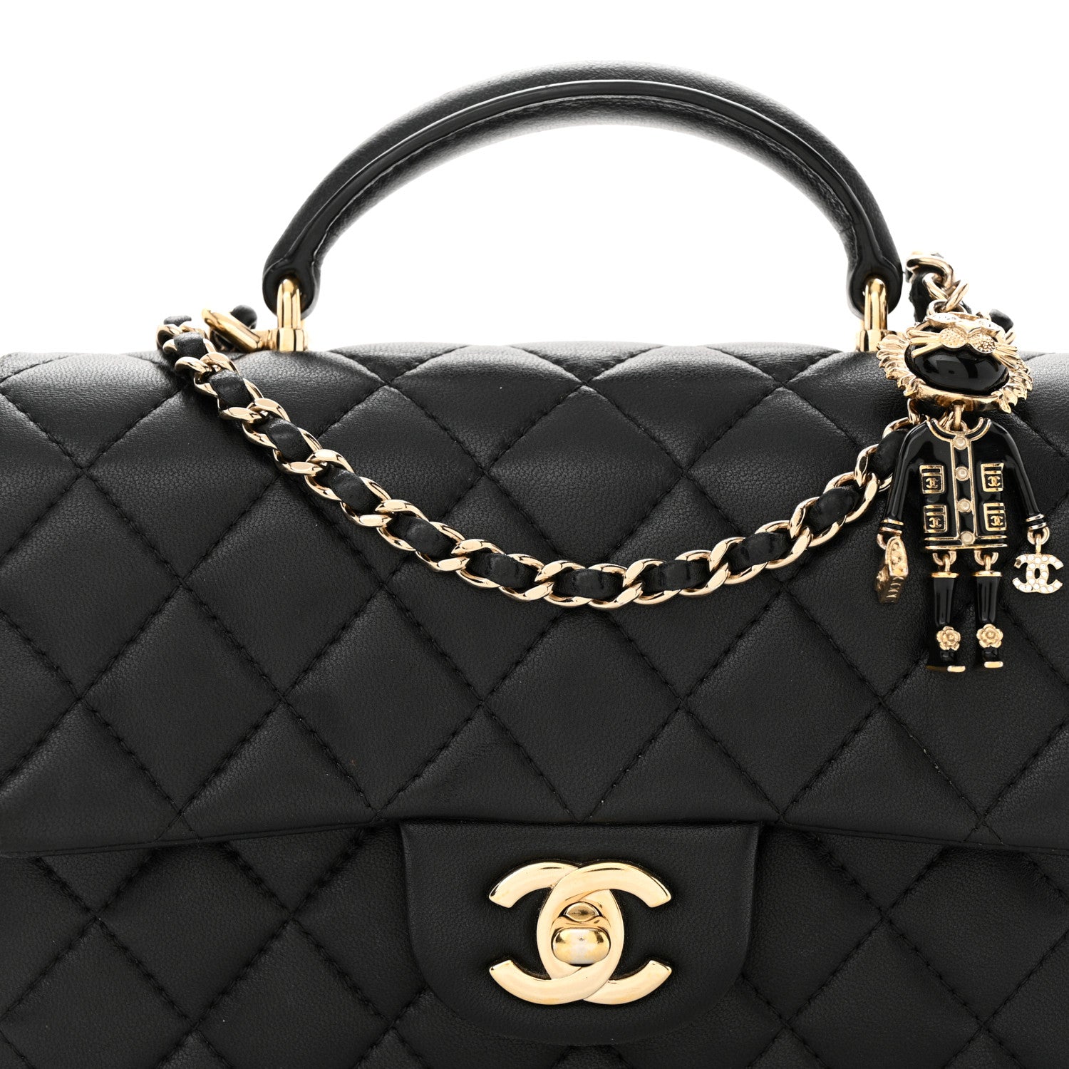 Chanel Lambskin Quilted Mini Lion Charm Top Handle Rectangular Flap Black 8 of 17