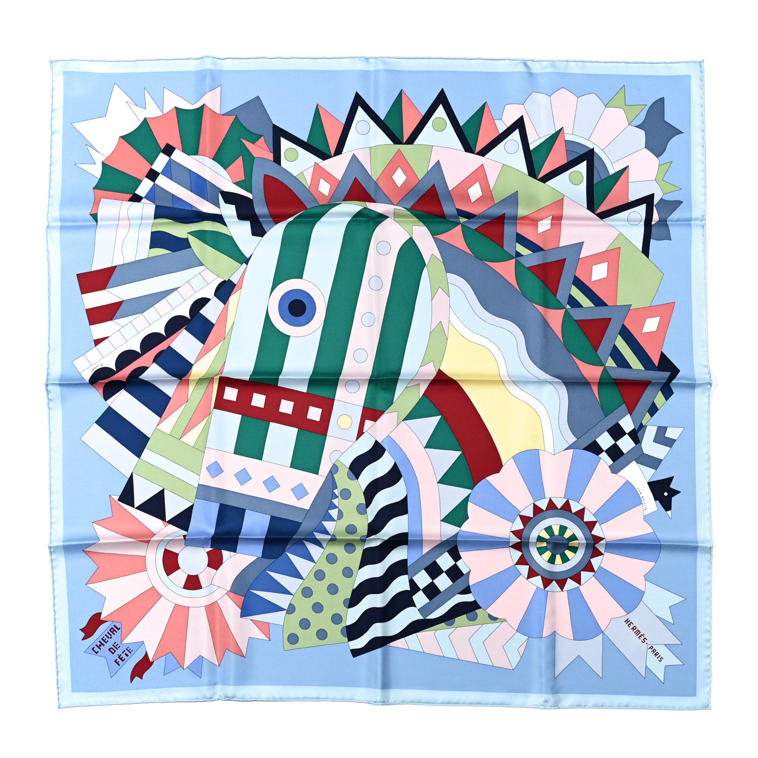 Hermes Silk Cheval de Fette Scarf 90 Bleu Ciel Vert Rose 1 of 6