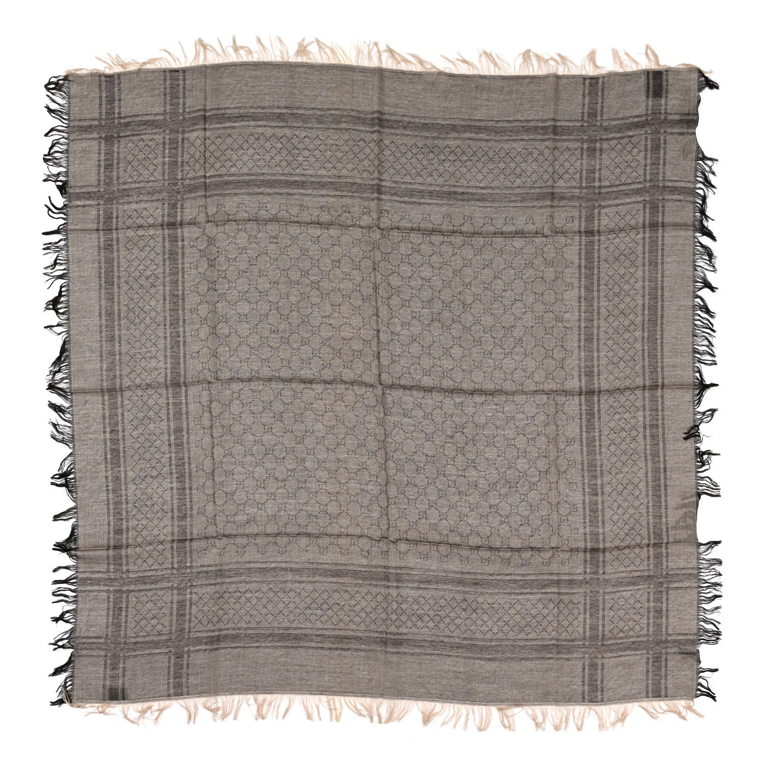 Gucci Wool Silk GG Monogram Diamante Plaid Surviee Shawl Beige Dark Brown 1 of 4