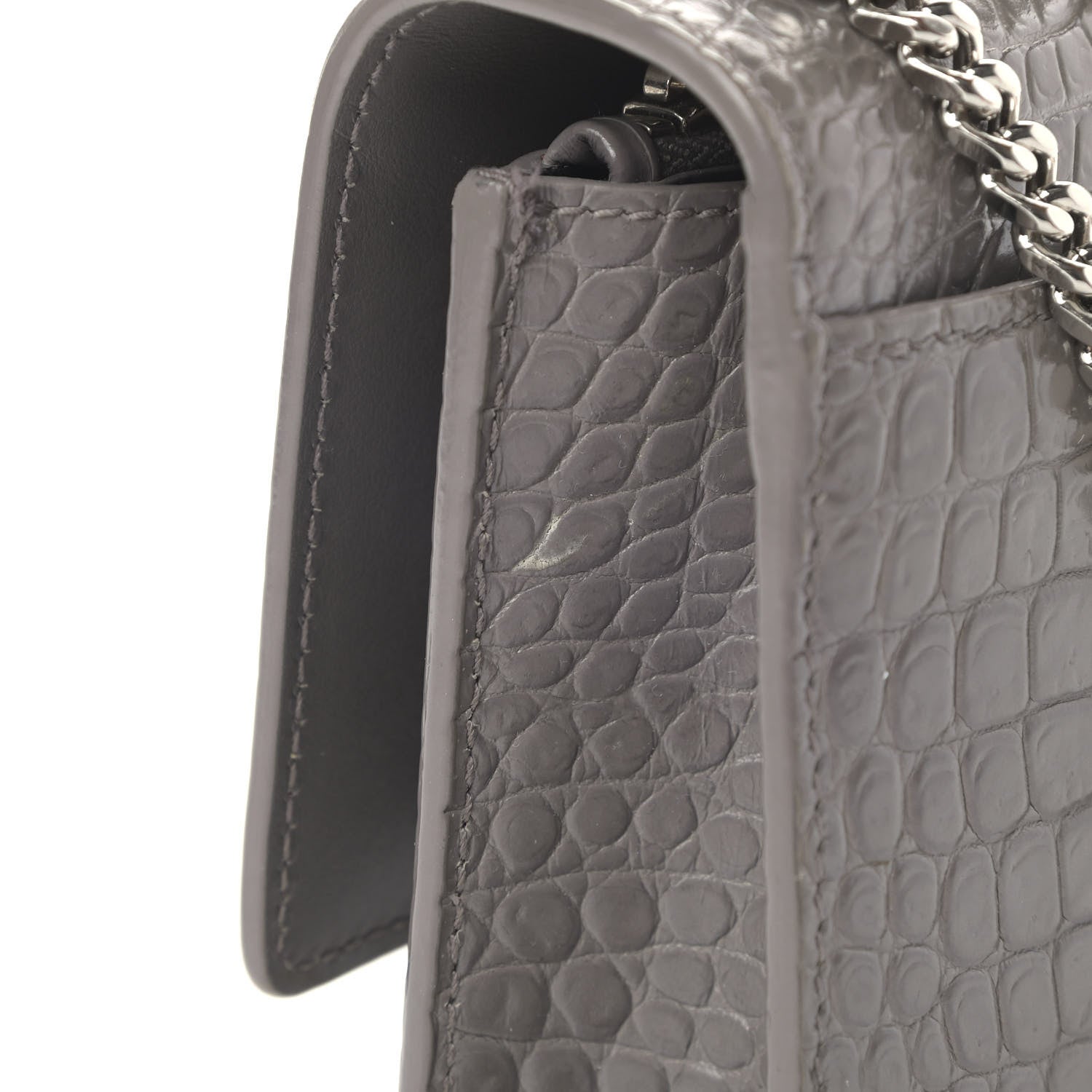 Saint Laurent Calfskin Crocodile Embossed Monogram Sunset Chain Wallet Fog 6 of 6