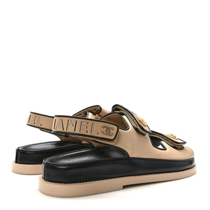 Chanel Lambskin Velcro Dad Slide Sandals 38 Beige Black 4 of 8