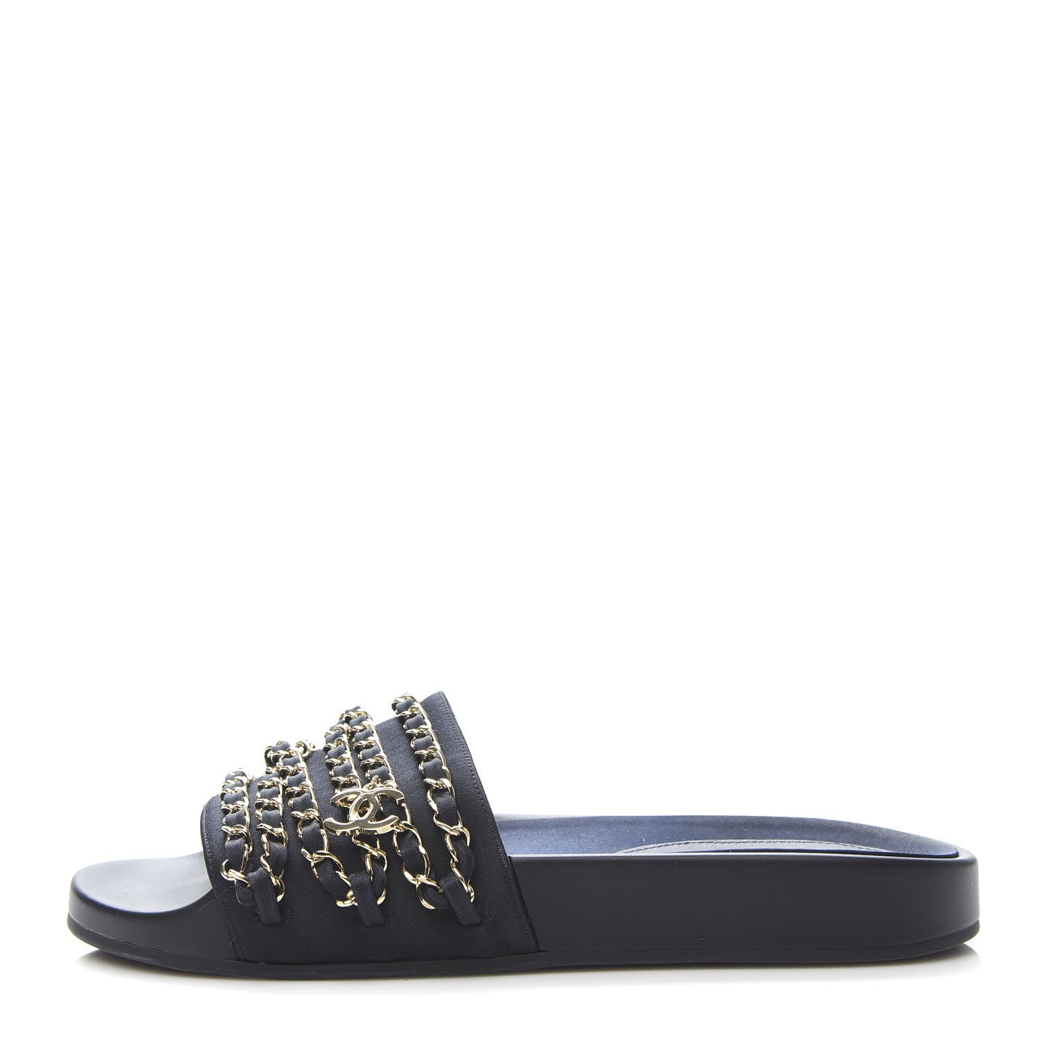 Chanel Lambskin Canvas Chain Flat Sandals 37 Marine 1 of 9