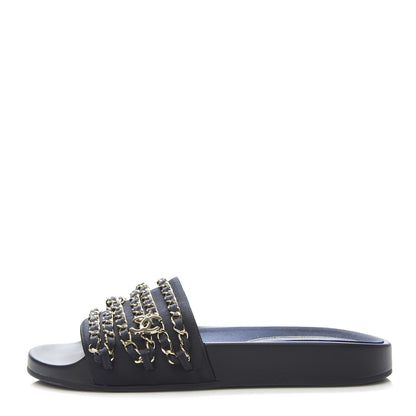 Chanel Lambskin Canvas Chain Flat Sandals 37 Marine 1 of 9