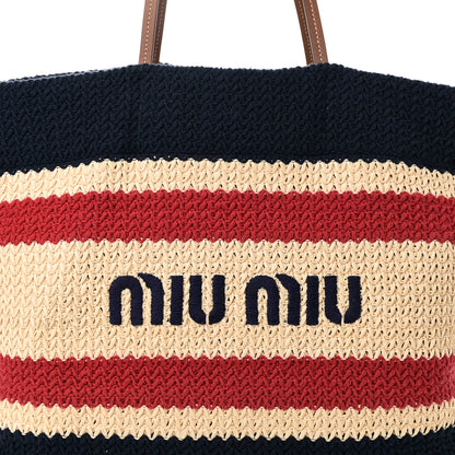Miu Miu Raffia Effect Crochet Large Woven Tote Natural Blue 7 of 9
