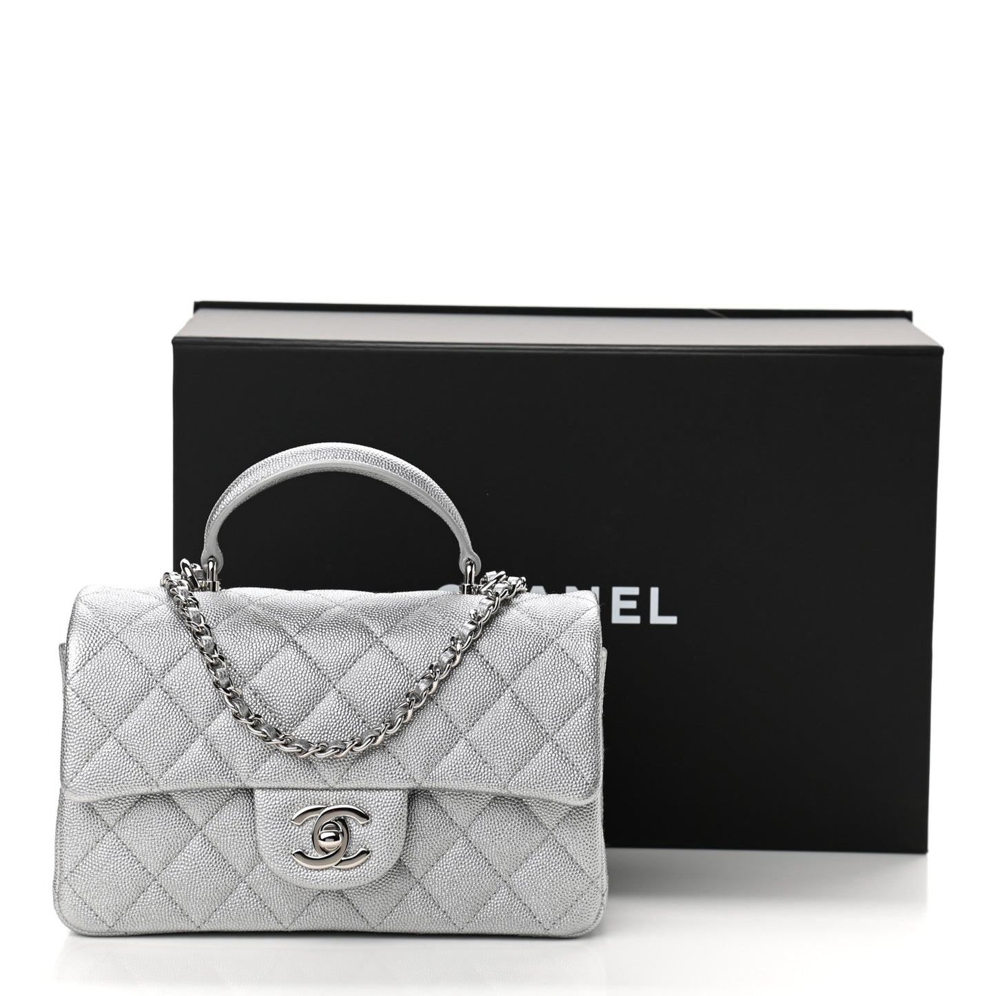 Metallic Caviar Quilted Mini Top Handle Rectangular Flap Silver