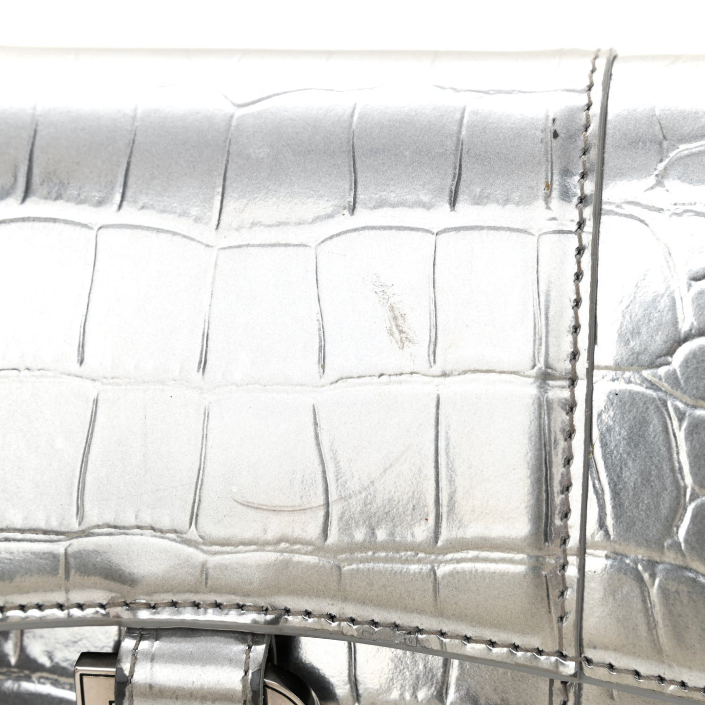 Metallic Calfskin Crocodile Embossed Hourglass Chain Bag Silver