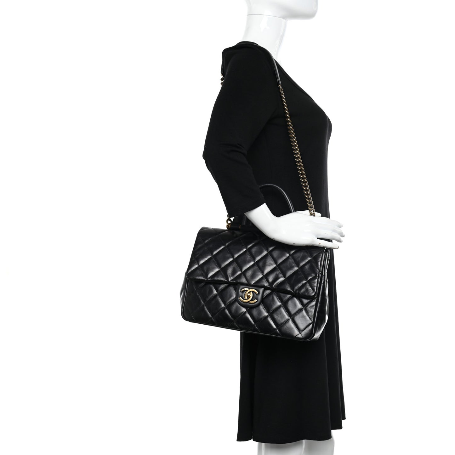 Calfskin Quilted Large Gold Bar Top Handle Flap Black