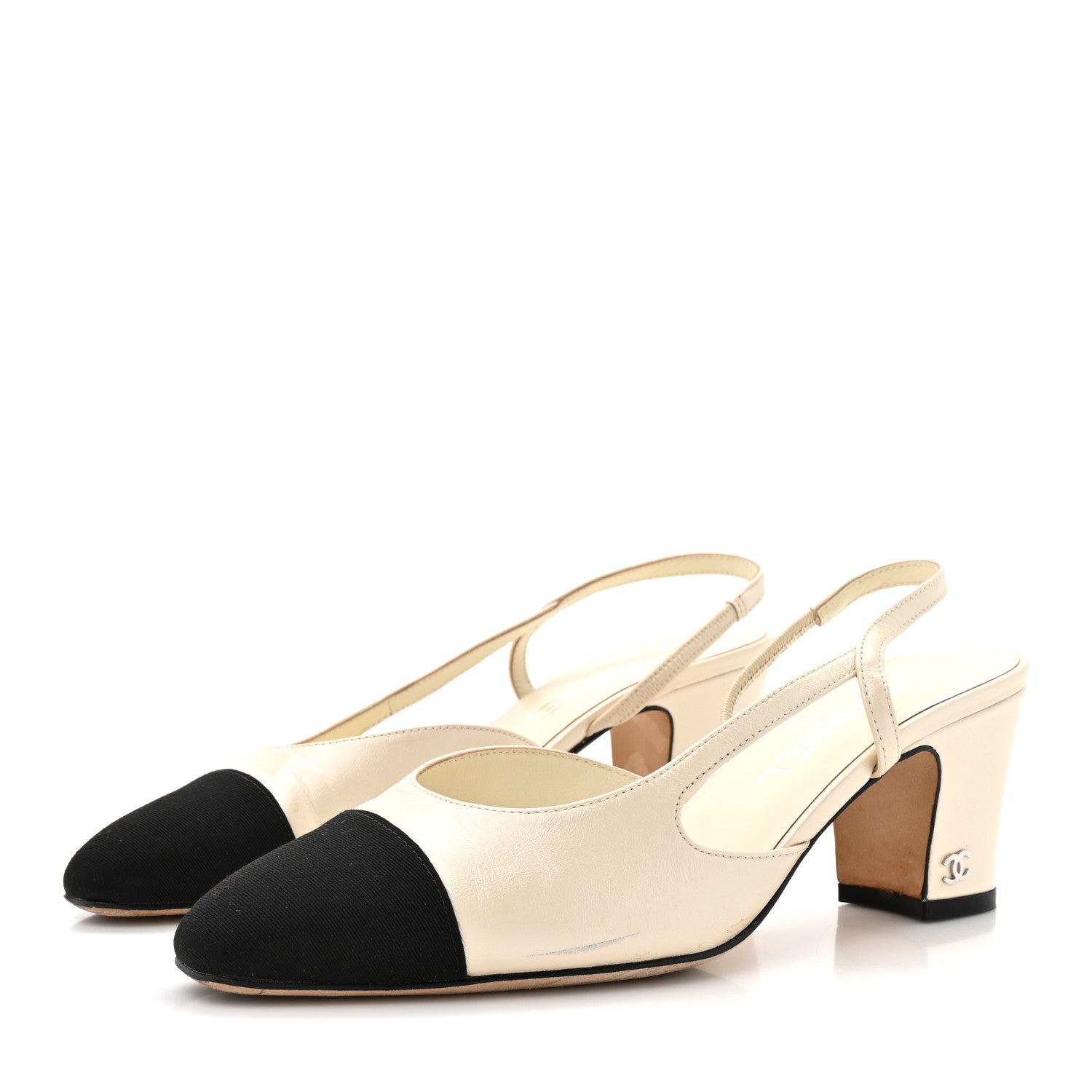 Chanel Lambskin Grosgrain Cap Toe CC Slingback Pumps 38 White Black 4 of 14
