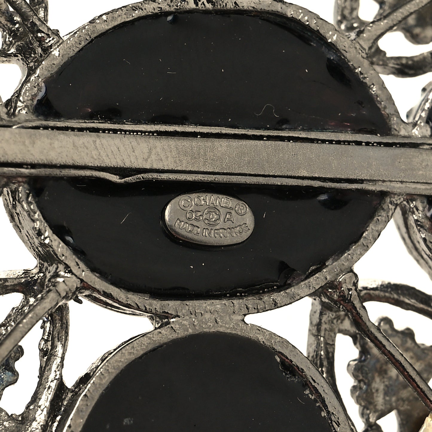 Pearl Gripoix Poured Glass CC Brooch Silver Black